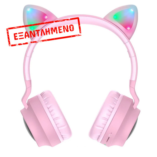 Wireless Ακουστικά Stereo Hoco W27 Cat ear Ροζ 300mAh Micro SD και AUX