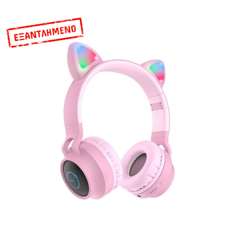 Wireless Ακουστικά Stereo Hoco W27 Cat ear Ροζ 300mAh Micro SD και AUX