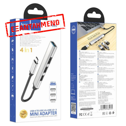 Hub USB-C Hoco HB26 USB3.0+3xUSB2.0 Ασημί 13cm