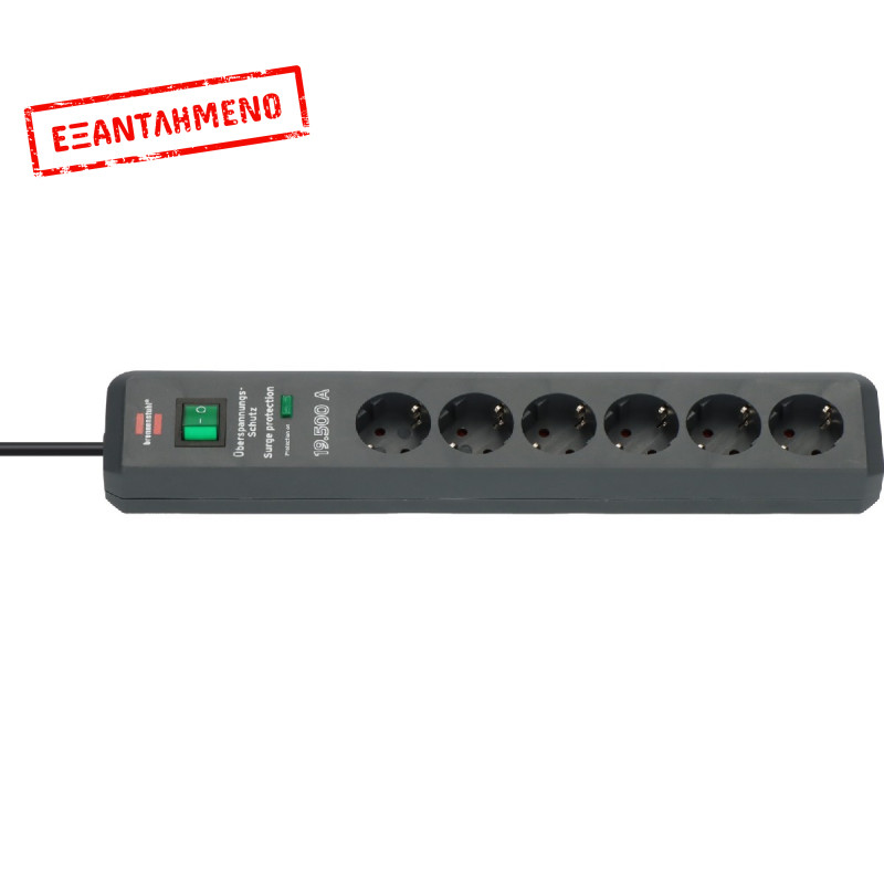 Πολύπριζο Αντικεραυνικής Προστασίας και Υπέρταση 19.500A Brennenstuhl Eco-Line, Έξι Θέσεων Σούκο IP20 2μ Μαύρο