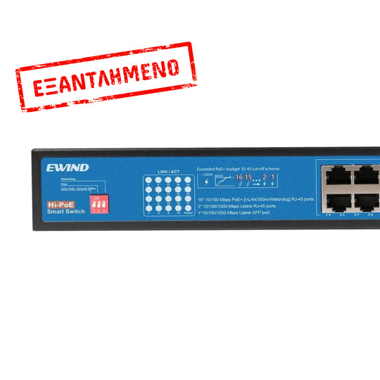 Ethernet Switch Ewind EW-S1619CF-AP 16x10/100Mbps + 2x100M RJ45+1x100/1000Mbps  PoE με Gigabit SFP Uplink