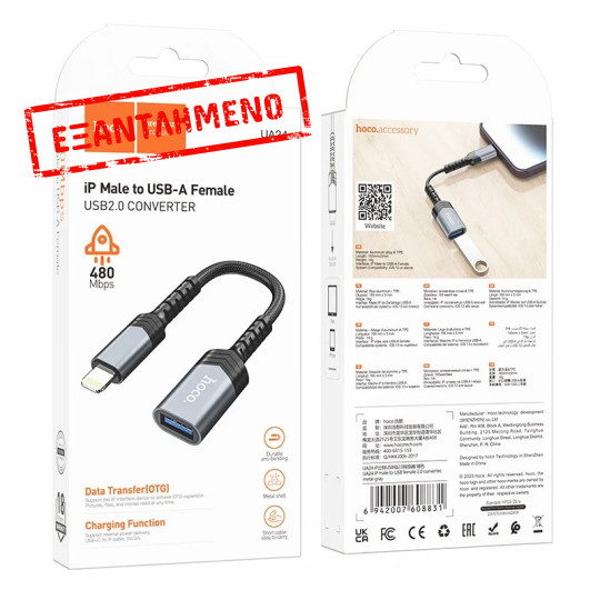 Αντάπτορας  Hoco UA24 Lightning σε USB με Λειτουργία OTG 480Mbps Δυνατότητα Φόρτισης 5V/2A και Κοντό Anti-bending Καλώδιο Γκρι