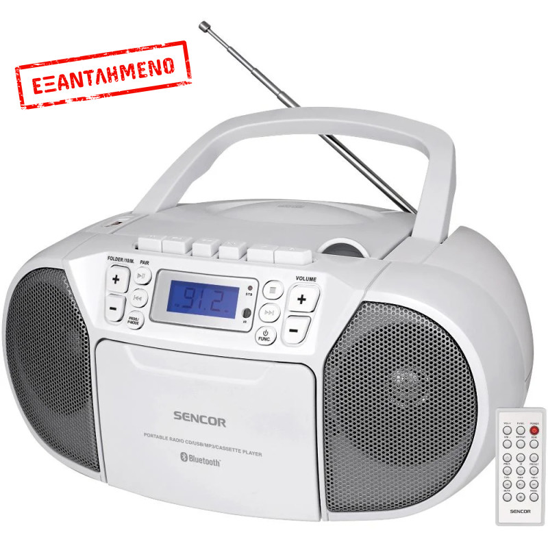 ΡαδιοCD Boombox Κασετόφωνο Sencor SPT 3907W 4W με Bluetooth v5.0 CD USB 3.5mm και LCD Οθόνη Λευκό