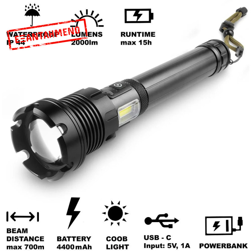 Επαναφορτιζόμενος Φακός Retlux RPL 401 2000 Lumens Απόσταση Δέσμης: 700m Αυτονομία: 15h Βάρος: 536gr IP44 Αλουμινίου με Λειτουργία Powerbank
