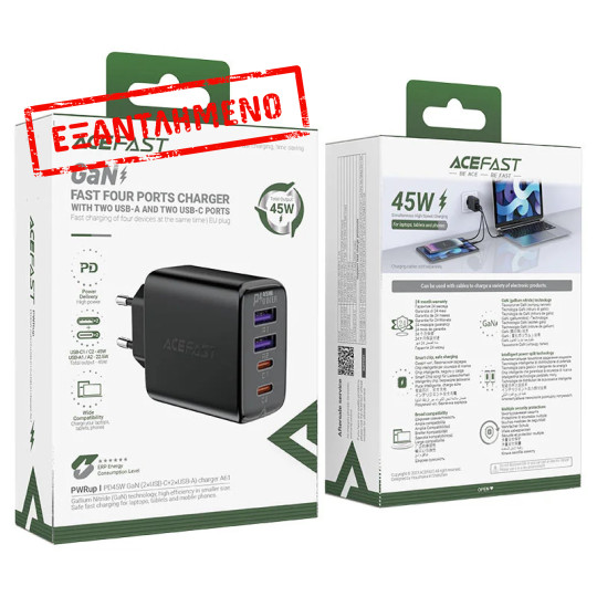 Φορτιστής Ταξιδίου Acefast A61 Fast Charging με 2xUSB-C + 2xUSB-A PD45W GaN Μαύρο