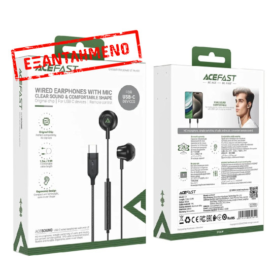 Hands Free Acefast L2 Stereo Earphones USB-C Braided 1.2m Μαύρο με HD Μικρόφωνο Συμβατά με Όλες τις Συσκευές USB-C