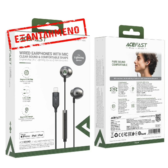 Hands Free Acefast L1 Earphones Stereo Lightning Apple Certified MFi 1.2m Μαύρα με HD Μικρόφωνο