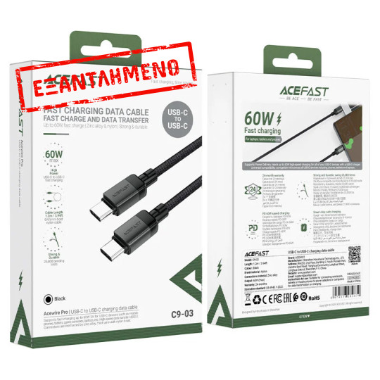 Καλώδιο Acefast C9-03  Μεταλλικό USB-C σε USB-C 60W 20V/3A Braided Μαύρο 1.2m.