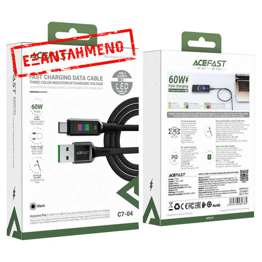 Καλώδιο Acefast με Ενδειξη Τάσης C7-04 USB-A σε USB-C 60W 20V/3A με Ενδειξη Τάσης Braided Μαύρο 1.2m Καλώδιο Acefast με Ενδειξη Τάσης C7-04 USB-A σε USB-C 60W 20V/3A με Ενδειξη Τάσης Braided Μαύρο 1.2m