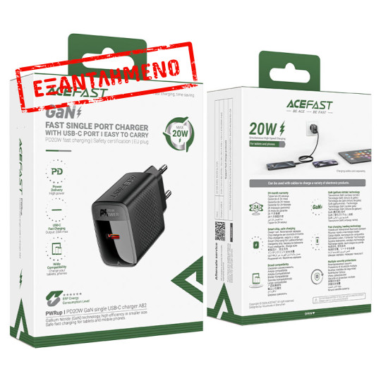 Φορτιστής Ταξιδίου Acefast A82 GaN USB-C PD20W Μαύρος + Καλώδιο Φόρτισης Type C σε Type C 1.2m