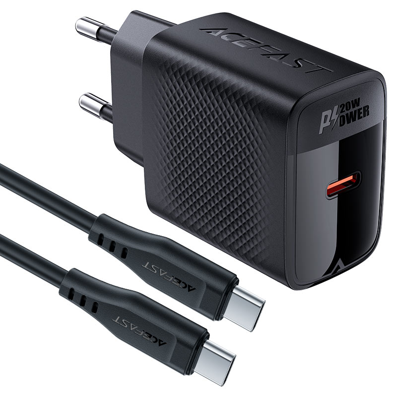 Φορτιστής Ταξιδίου Acefast A82 GaN USB-C PD20W Μαύρος + Καλώδιο Φόρτισης Type C σε Type C 1.2m