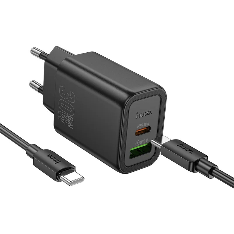 Φορτιστής Ταξιδίου Hoco N63 Gentle GaN με USB-C PD30W και USB-A Quick Charge 5V 3.0A + Καλώδιο Φόρτισης USB-C σε USB-C Μαύρος Φορτιστής Ταξιδίου Hoco N63 Gentle GaN με USB-C PD30W και USB-A Quick Charge 5V 3.0A + Καλώδιο Φόρτισης USB-C σε USB-C Μαύρος