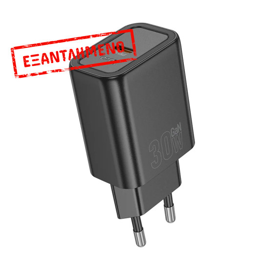 Φορτιστής Ταξιδίου Hoco N62 Gentle με 1 Εξόδο Φόρτισης GaN USB-C PD30W Quick Charge 5V 3.0A Μαύρος Φορτιστής Ταξιδίου Hoco N62 Gentle με 1 Εξόδο Φόρτισης GaN USB-C PD30W Quick Charge 5V 3.0A Μαύρος