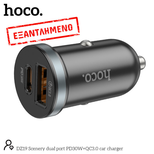 Φορτιστής Αυτοκινήτου Hoco. DZ19 Scenery Dual Port Quick Charge USB-A 18W και USB-C PD30W 5V 3A Μαύρος