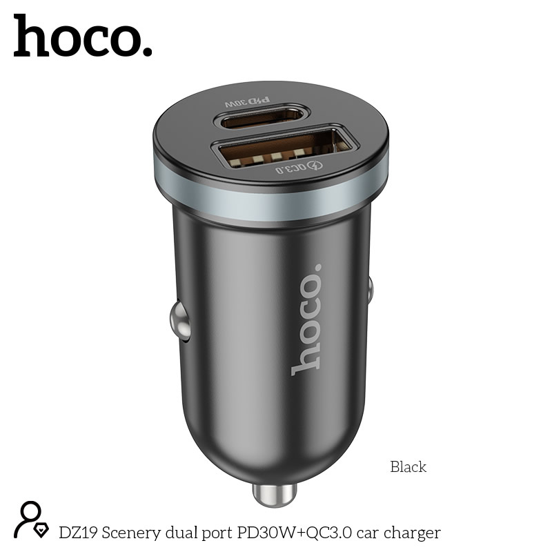 Φορτιστής Αυτοκινήτου Hoco. DZ19 Scenery Dual Port Quick Charge USB-A 18W και USB-C PD30W 5V 3A Μαύρος