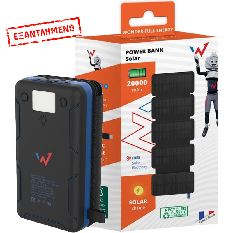 Ηλιακό Power Bank Wonder WX20S 20000mAh 5V/2A 7.5W με 5 Ηλιακά Πάνελ, 2 x USB-A και 1 x USB-C Έξοδο και Φακό Μαύρο
