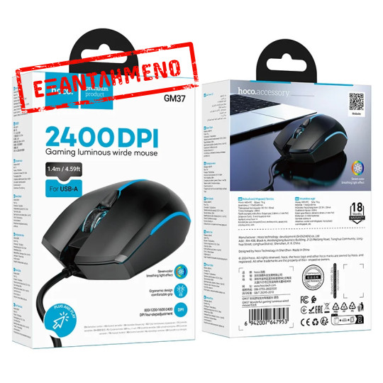Ενσύρματο Ποντίκι Gaming Hoco GM37 Wonderful με 4 Πλήκτρα, Φωτισμό, 2400 DPI Μαύρο Ενσύρματο Ποντίκι Gaming Hoco GM37 Wonderful με 4 Πλήκτρα, Φωτισμό, 2400 DPI Μαύρο