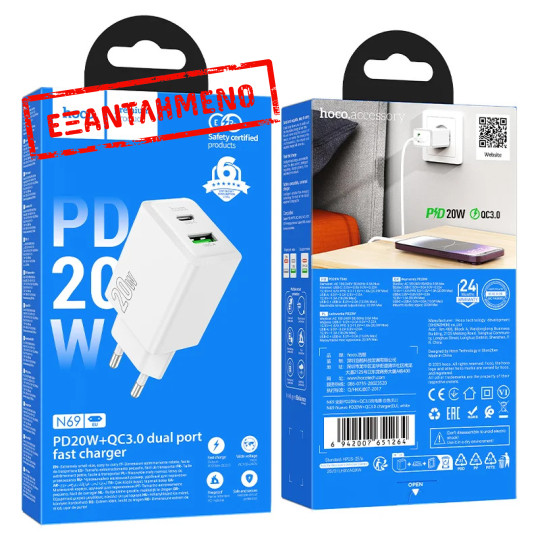 Φορτιστής Ταξιδίου Hoco N69 Nuevo PD20W 5V QC3.0A με 2 Εξόδους Φόρτισης 1xUSB-C και 1xUSB-A Λευκός