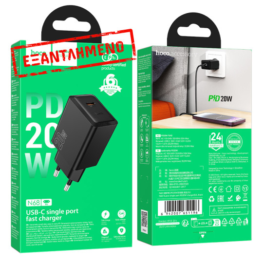 Φορτιστής Ταξιδίου Hoco N68 Nuevo με 1 Εξόδο Φόρτισης USB-C PD20W 5V 3.0A  Μαύρος