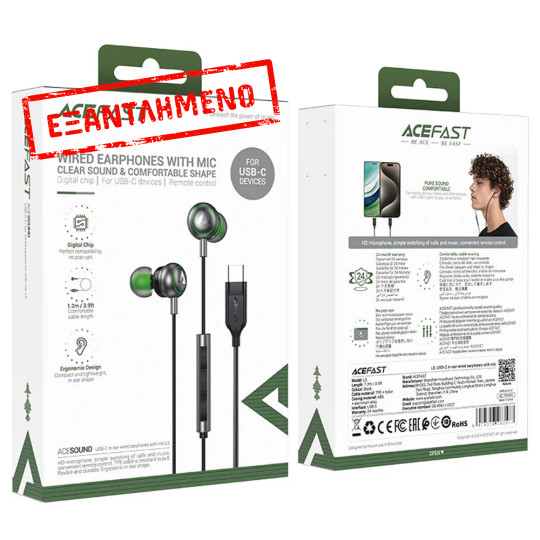 Hands Free Acefast L5 Stereo Earphones USB-C Braided 1.2m Μαύρα με HD Μικρόφωνο και Πλήκτρο Λειτουργίας Συμβατά με Όλες τις Συσκευές USB-C