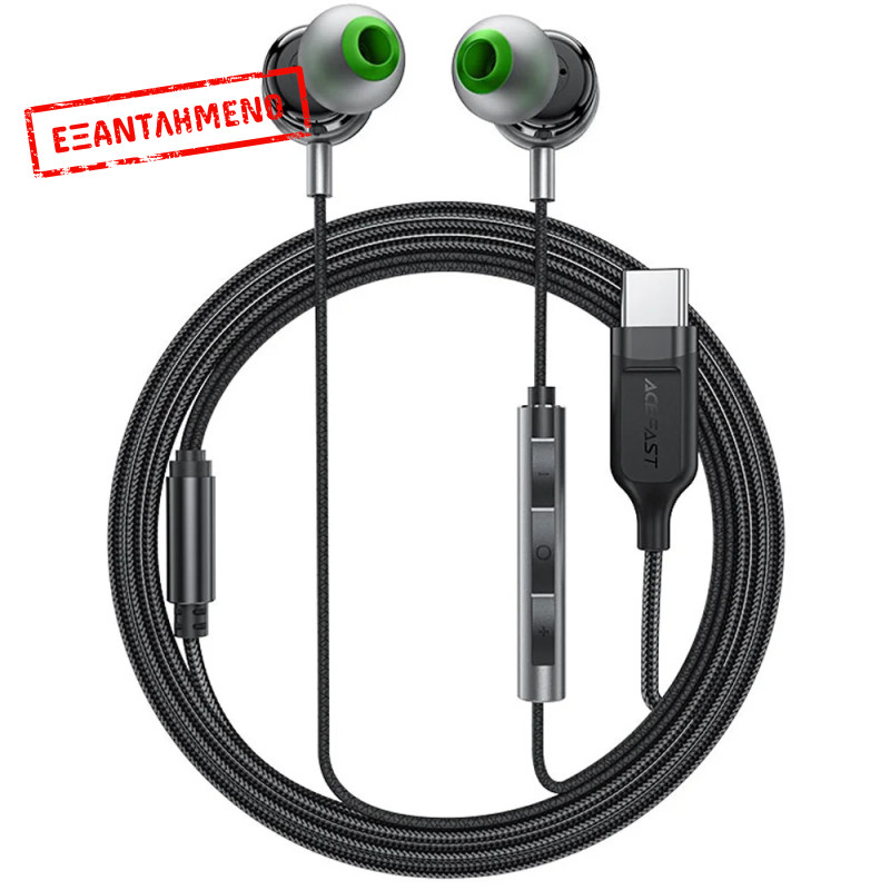 Hands Free Acefast L5 Stereo Earphones USB-C Braided 1.2m Μαύρα με HD Μικρόφωνο και Πλήκτρο Λειτουργίας Συμβατά με Όλες τις Συσκευές USB-C