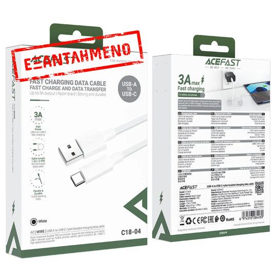 Καλώδιο Σύνδεσης Acefast C18-04 USB-A  σε USB-C 3A Fast Charge USB2.0 Braided Λευκό 1.2m.
