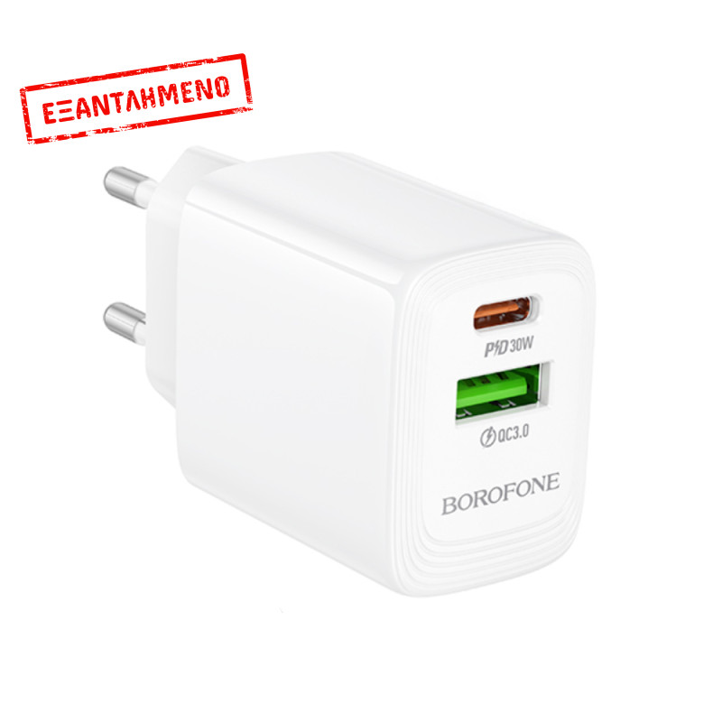 Φορτιστής Ταξιδίου Borofone BN29 Fuente GaN με 1xUSB-C PD30W και 1xUSB-A QC3.0A Λευκός