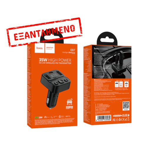 Bluetooth FM Transmitter Hoco E87 Delta 35W με 2xUSB-A και 1xUSB-C PD20W BT5.4 Υποστηρίζει Αναπαραγωγή Μουσικής απο USB και Απάντηση Κλήσεων