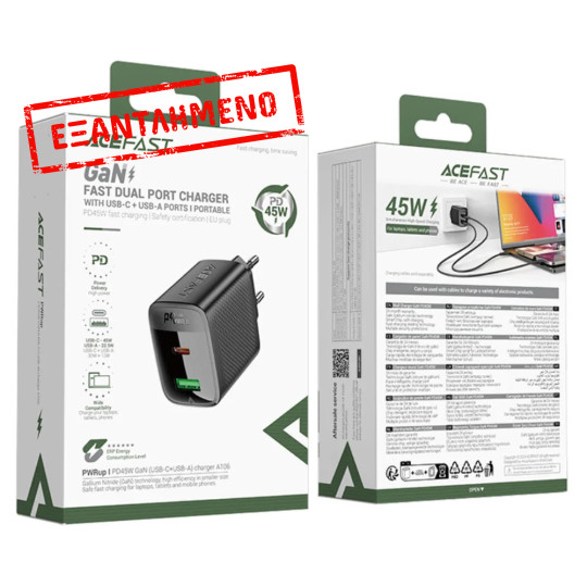 Φορτιστής Ταξιδίου Acefast A106 Fast Charging με 1xUSB-C + 1xUSB-A PD45W GaN Μαύρος