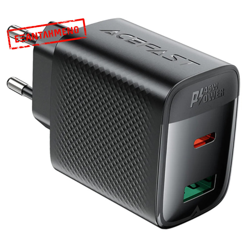 Φορτιστής Ταξιδίου Acefast A106 Fast Charging με 1xUSB-C + 1xUSB-A PD45W GaN Μαύρος