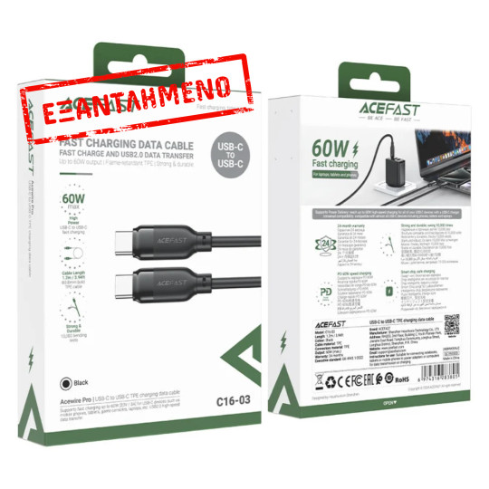 Καλώδιο Acefast C16-03 USB-C σε USB-C 60W 3A USB2.0 Μαύρο 1.2m Καλώδιο Acefast C16-03 USB-C σε USB-C 60W 3A USB2.0 Μαύρο 1.2m