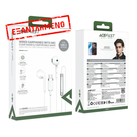 Hands Free Acefast L7 Earphones Stereo USB-C με Μικρόφωνο Braided Λευκό 1.2m. Συμβατά με Όλες τις Συσκευές USB-C.