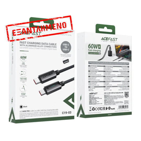 Καλώδιο Acefast C19-03 Μεταλλικό USB-C σε USB-C 60W 3.0A Γρήγορη Φόρτιση USB2.0 με Ένδειξη Φόρτισης Braided Μαύρο 1.2m Καλώδιο Acefast C19-03 Μεταλλικό USB-C σε USB-C 60W 3.0A Γρήγορη Φόρτιση USB2.0 με Ένδειξη Φόρτισης Braided Μαύρο 1.2m