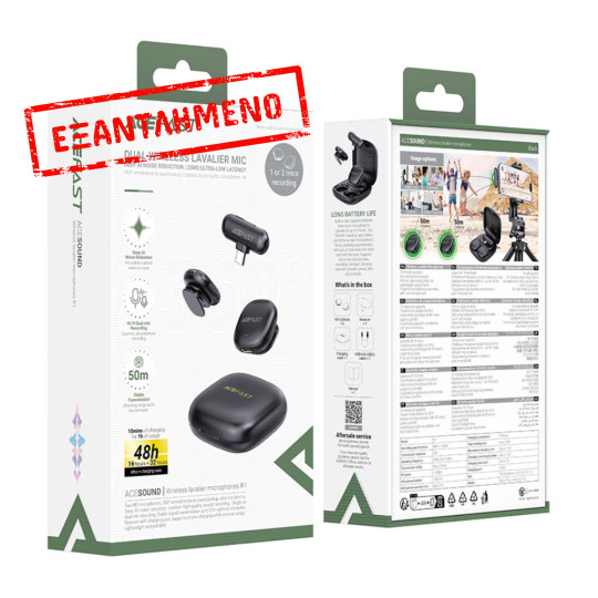 Σετ 2 Μικρόφωνα Πέτου Lavalier Acefast R1 HD AI Μείωση Θορύβου, Ακτίνα 50m και 48hr Διάρκεια Μπαταρίας με USB-C Transmitter και Θήκη Φόρτισης Μαύρο