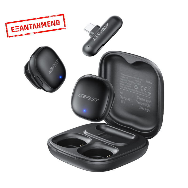 Σετ 2 Μικρόφωνα Πέτου Lavalier Acefast R1 HD AI Μείωση Θορύβου, Ακτίνα 50m και 48hr Διάρκεια Μπαταρίας με USB-C Transmitter και Θήκη Φόρτισης Μαύρο