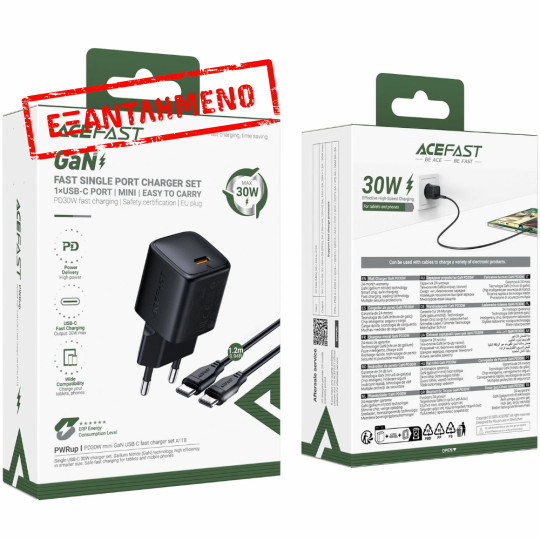 Φορτιστής Ταξιδίου Acefast A118 Mini Fast Charging 1xUSB-C PD30W QC3.0 GaN με USB-C σε USB-C Καλώδιο 1.2m Μαύρος
