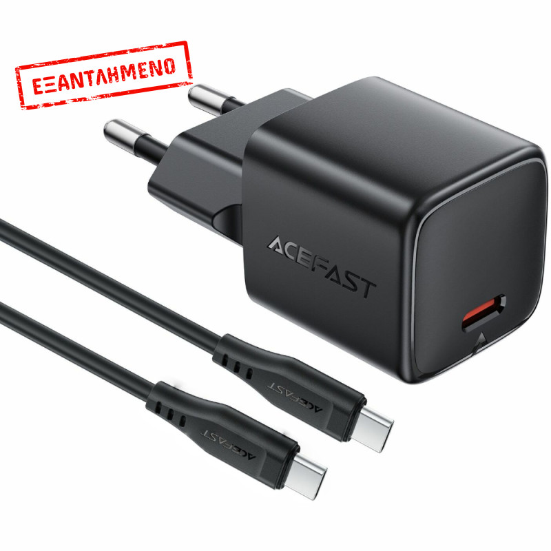 Φορτιστής Ταξιδίου Acefast A118 Mini Fast Charging 1xUSB-C PD30W QC3.0 GaN με USB-C σε USB-C Καλώδιο 1.2m Μαύρος