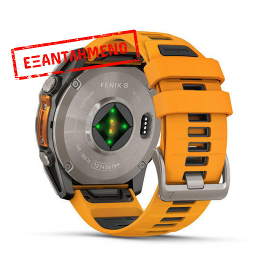 Garmin Watch Fenix 8 Titanium 51mm GPS NFC 10 ATM με Δυνατότητα Κλήσεων Sapphire Titanium with Spark Orange and Graphite Silicone Band