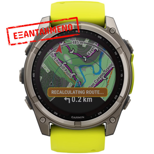 Smartwatch Garmin Fenix 8 Solar Titanium 51mm GPS NFC 10 ATM με Δυνατότητα Κλήσεων Sapphire Titanium With Amp Yellow/Graphite Silicone Band