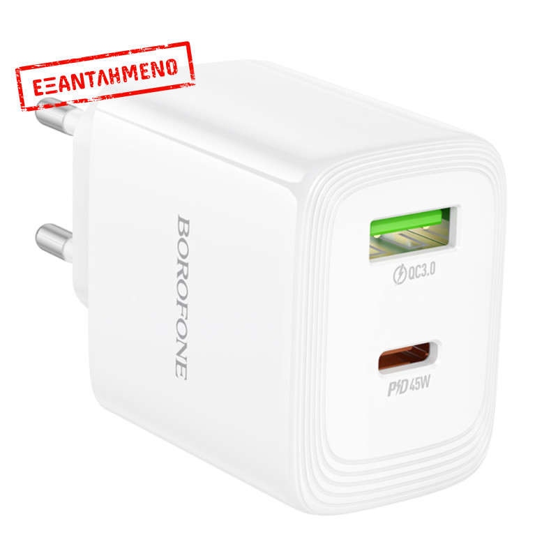 Φορτιστής Ταξιδίου Borofone BN30 Cargador GaN με 1xUSB-C PD45W και 1xUSB-A QC PD18W Λευκός Φορτιστής Ταξιδίου Borofone BN30 Cargador GaN με 1xUSB-C PD45W και 1xUSB-A QC PD18W Λευκός