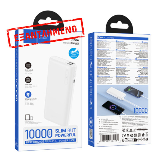 Power Bank Hoco J158A Runner 10000mAh Fast Charge 5V/2A Slim με 2xUSB-A 1xUSB-C 1xMicro USB και LED Ένδειξη Μπαταρίας Λευκό