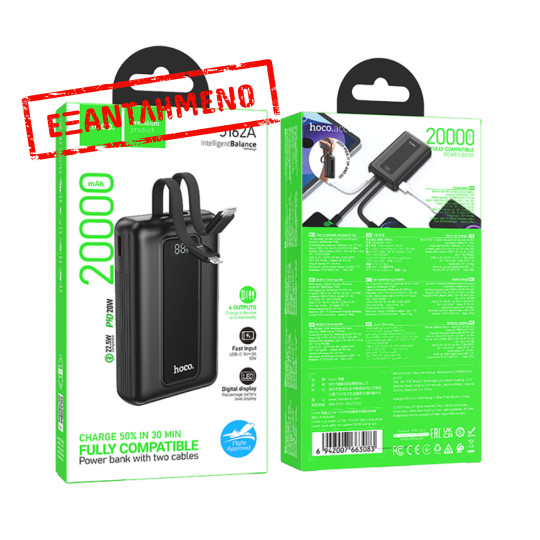 Power Bank Hoco J162A 20000mAh PD20W+22.5W QC με Θύρες USB+USB-C Ενσωματωμένα Καλώδια USB-C+Lighting και LED Ένδειξη Μαύρο