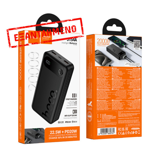 Power Bank Hoco J154A Victorious 20000mAh 1xUSB-C PD20W 2xUSB-A 22.5W και LED Ένδειξη Μπαταρίας Μαύρο