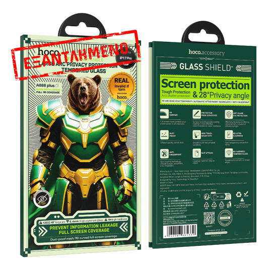 Tempered Glass Hoco Bear Shield A888 HD 4H 0.4mm Large Arc 28 Μοίρες Privacy Protection για Apple iPhone 17 Pro Max