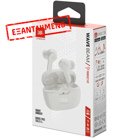 Wireless Hands Free JBL Wave Beam Buds με TalkThru έως 32 Ώρες Λειτουργίας IP54 και Θήκη Φόρτισης Λευκά