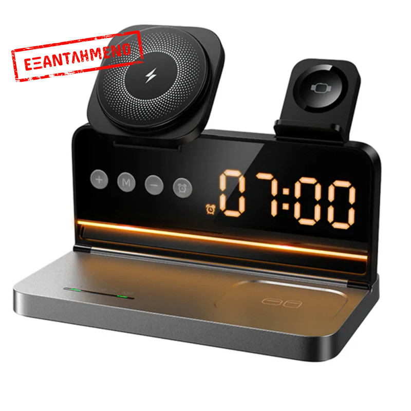 Ασύρματος Φορτιστής Hoco. DWQ03 4 in 1 Qi 15W για Smartphone Earbuds Smartwatch με Ψηφιακό Ρολόι και Ξυπνητήρι