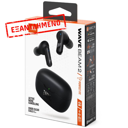 Wireless Hands Free JBL Wave Beam 2 Buds με Pure Bass ANC έως 40 Ώρες Λειτουργίας IP54 και Θήκη Φόρτισης Μαύρα