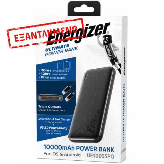 Power Bank Energizer UE10055PQ 10000mAh PD22.5W QC3.0 με 2xUSB-C 1xUSB-A και LED Ένδειξη Μπαταρίας Μαύρο