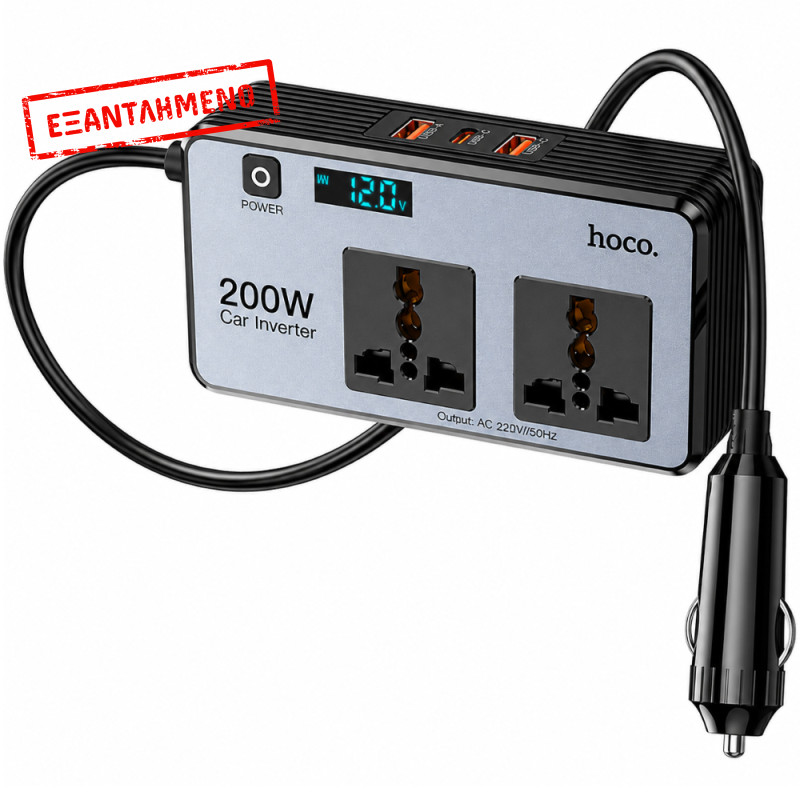 Φορτιστής Μετατροπέας 12V σε 220V Αυτοκινήτου Hoco Z66 με 2 Έξόδους Σούκο 200W και 2xUSB-A 1xUSB-C 66W LED Display Καλώδιο 50cm Μαύρος