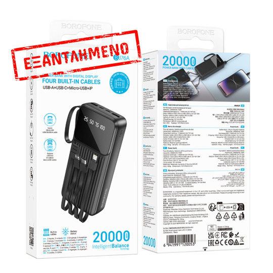 Power Bank Borofone BJ76A 20000mAh με 4 Καλώδια Φόρτισης και 4 Θύρες USB-C USB-A Lightning Micro-USB και LED Ένδειξη Μπαταρίας Μαύρο